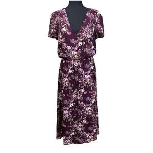 WAYF Floral Midi Dress Burgundy Red Sz Large Cottagecore Modest Mature Stretch
